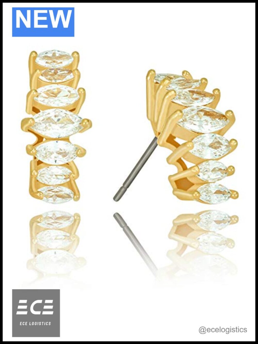 Stacked Diamonds Cubic Zirconia Stud Earrings 24k Gold Plated